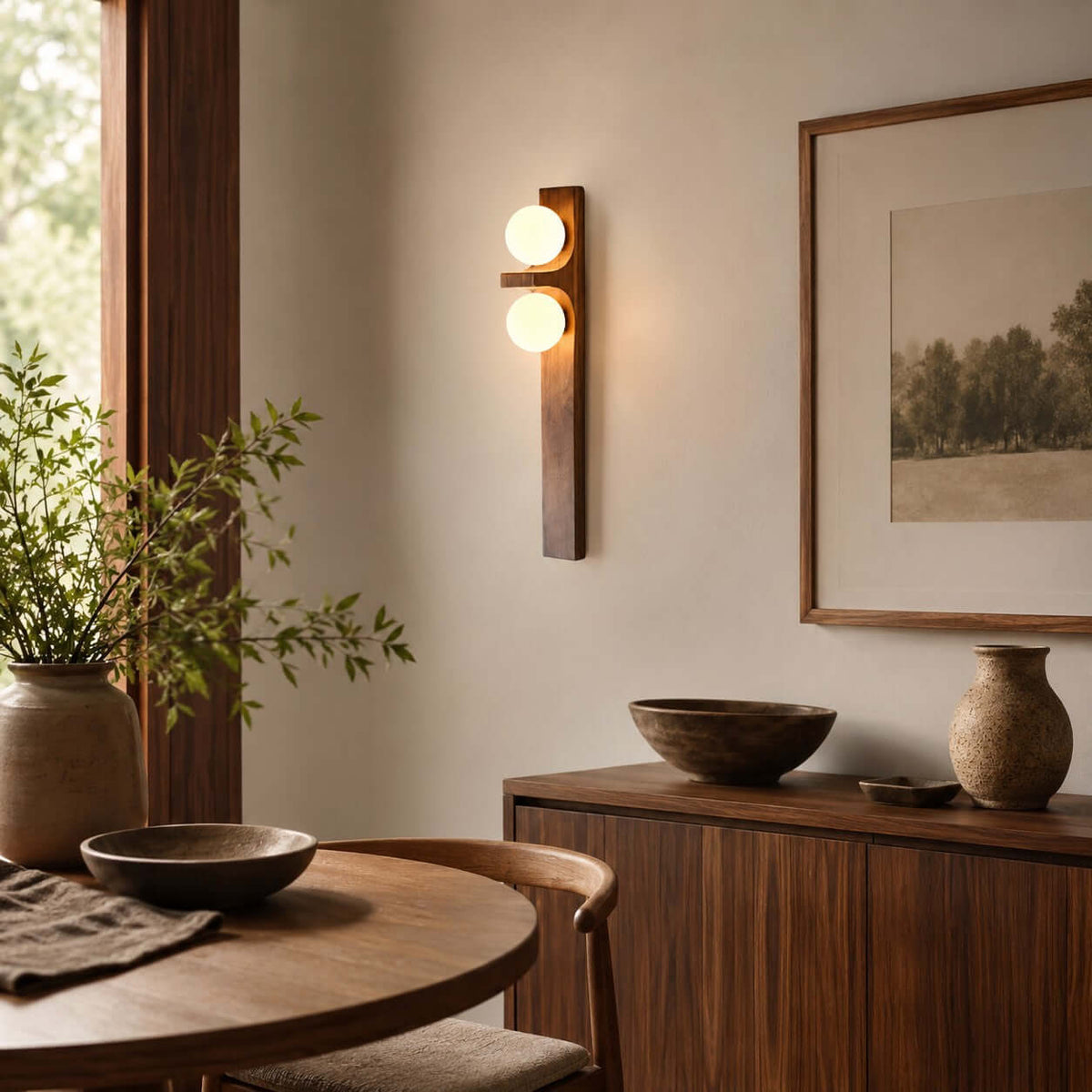 Wandlampe aus Holz mit zwei Kugeln