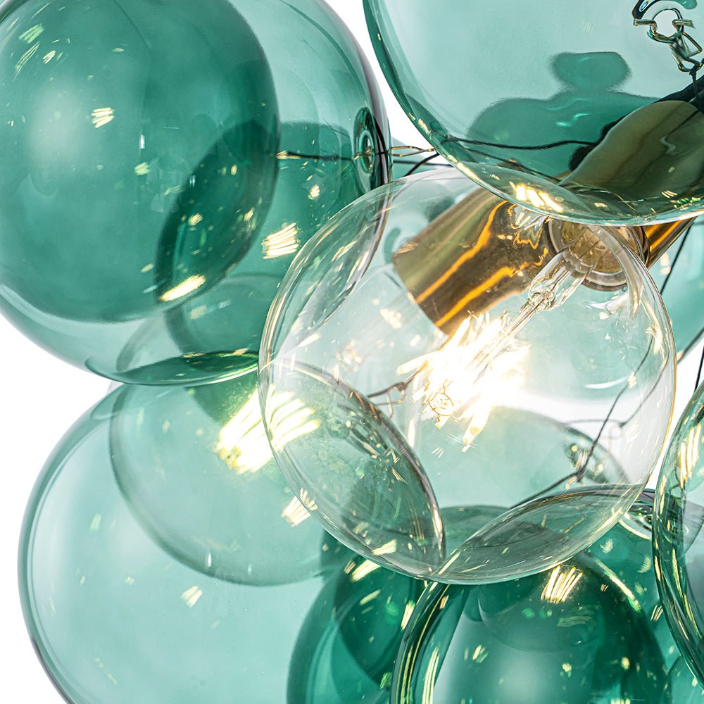 Messing-Kronleuchter aus türkisfarbenem Bubble-Glas