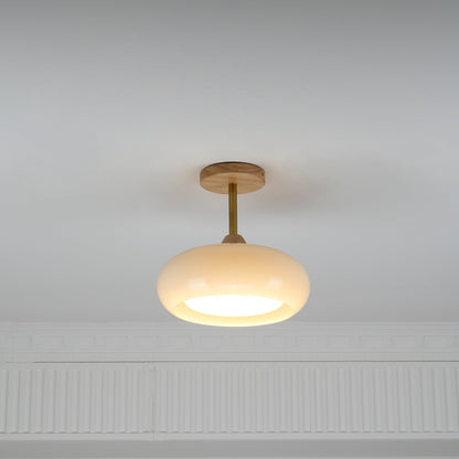 Ovale Deckenleuchte aus Glas und Holz