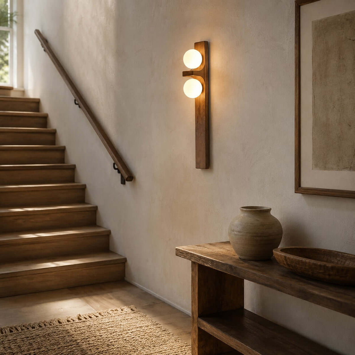Wandlampe aus Holz mit zwei Kugeln