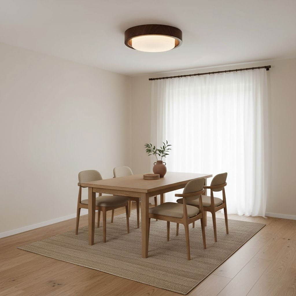 Runde Deckenleuchte aus Holz und Glas