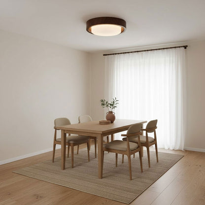 Runde Deckenleuchte aus Holz und Glas