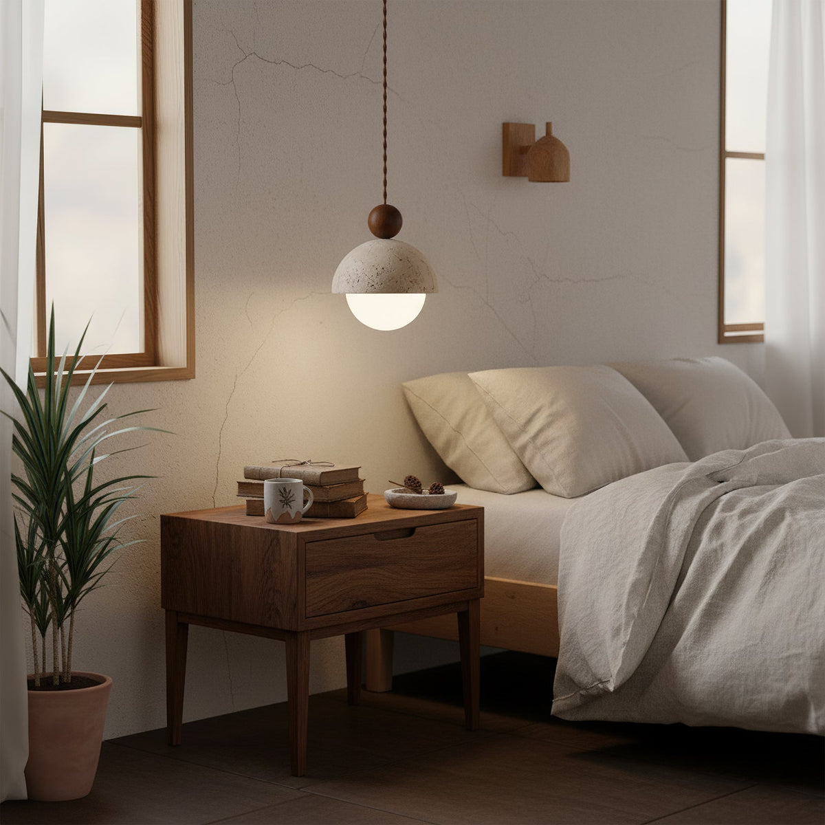 Holz-Pendelleuchte mit Travertin-Kuppel