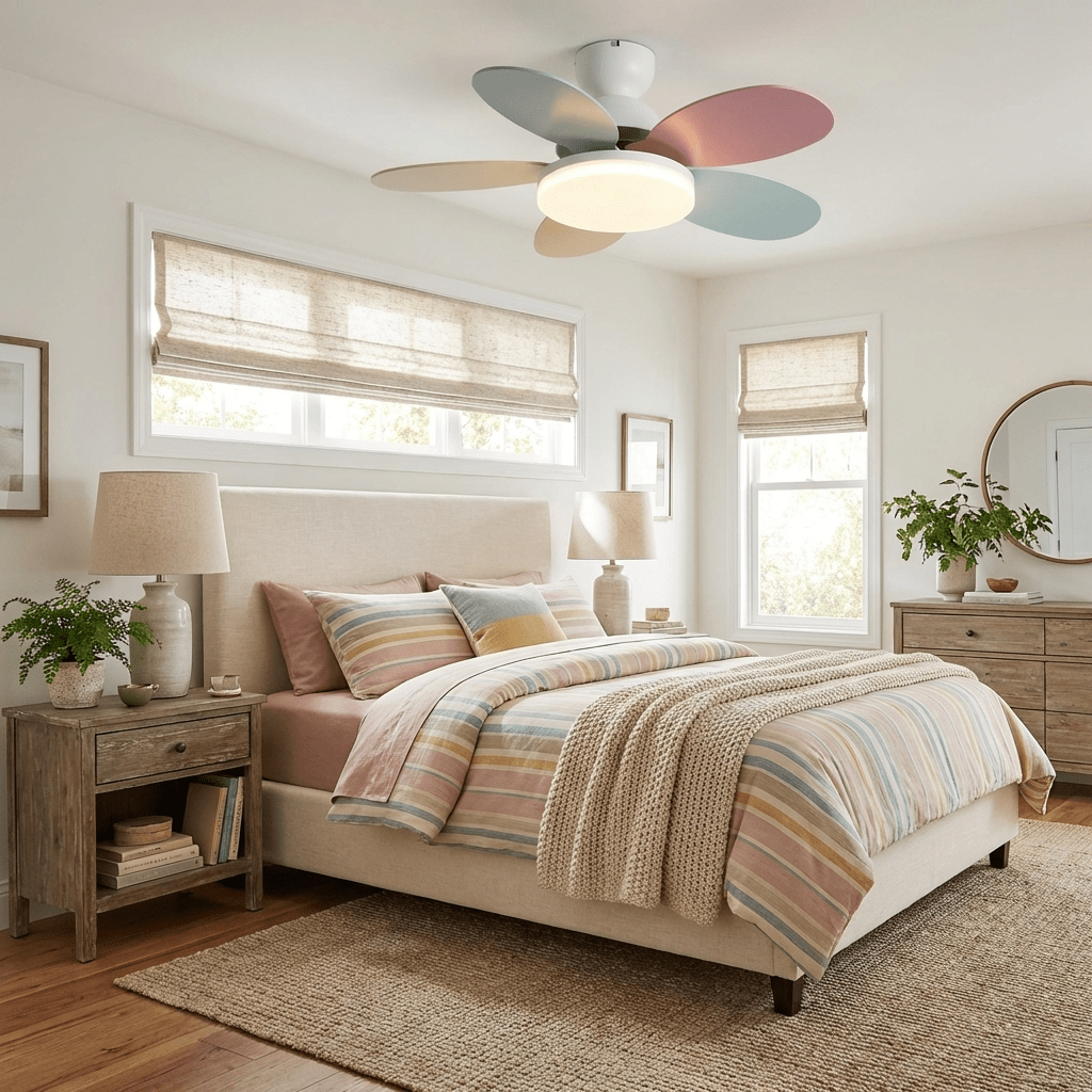 Deckenventilator mit blütenförmigen Holzflügeln