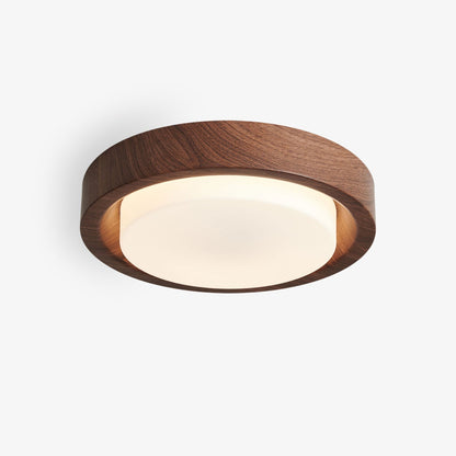 Runde Deckenleuchte aus Holz und Glas