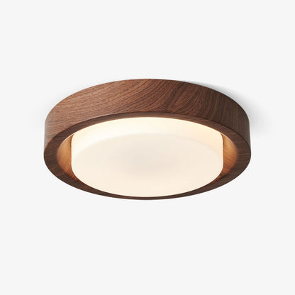 Runde Deckenleuchte aus Holz und Glas