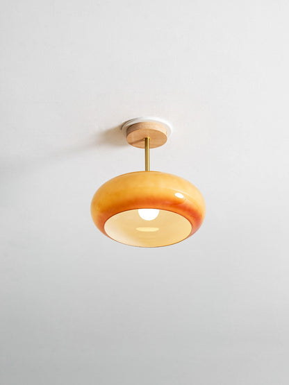 Ovale Deckenleuchte aus Glas und Holz