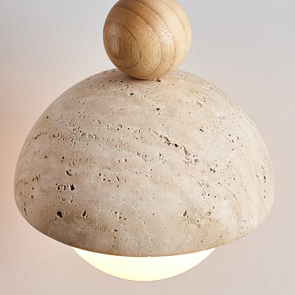 Holz-Pendelleuchte mit Travertin-Kuppel