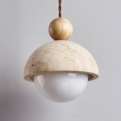 Holz-Pendelleuchte mit Travertin-Kuppel