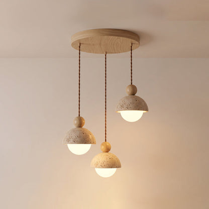 Holz-Pendelleuchte mit Travertin-Kuppel