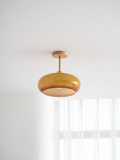 Ovale Deckenleuchte aus Glas und Holz