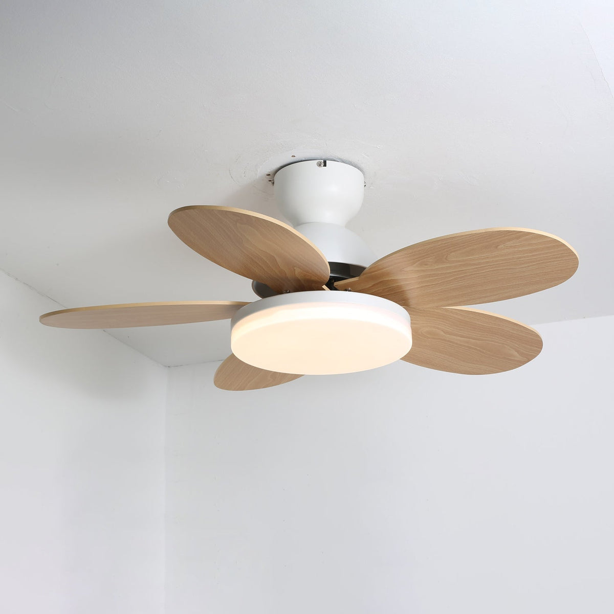 Deckenventilator mit blütenförmigen Holzflügeln