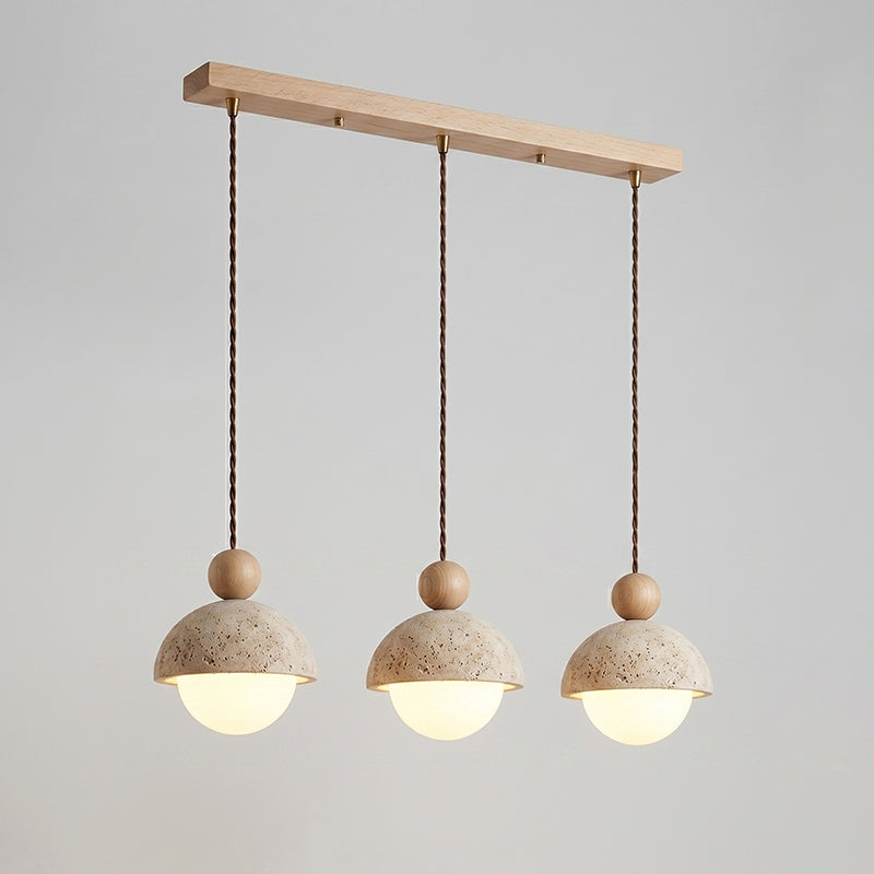 Holz-Pendelleuchte mit Travertin-Kuppel