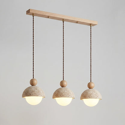Holz-Pendelleuchte mit Travertin-Kuppel