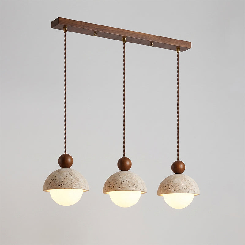 Holz-Pendelleuchte mit Travertin-Kuppel