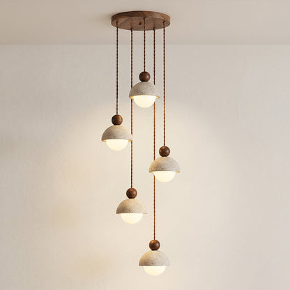 Holz-Pendelleuchte mit Travertin-Kuppel