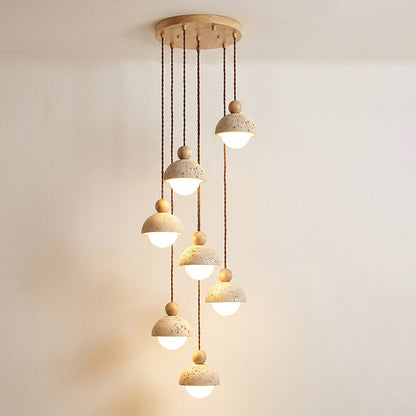 Holz-Pendelleuchte mit Travertin-Kuppel
