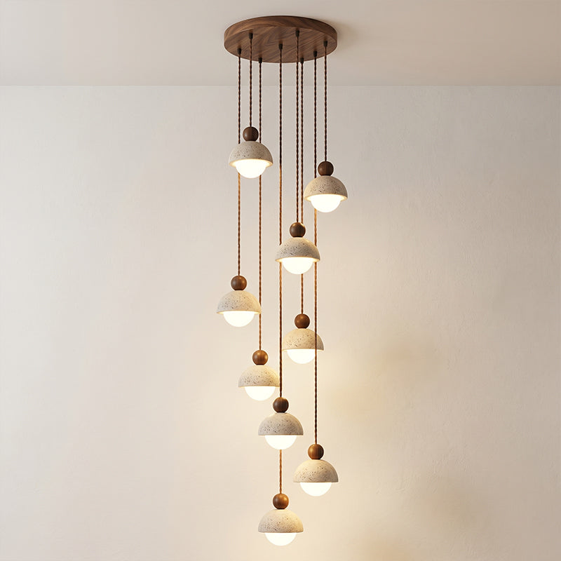 Holz-Pendelleuchte mit Travertin-Kuppel