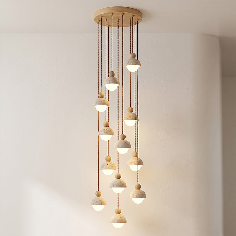 Holz-Pendelleuchte mit Travertin-Kuppel