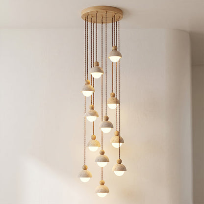 Holz-Pendelleuchte mit Travertin-Kuppel