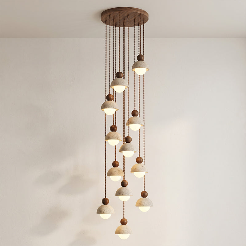 Holz-Pendelleuchte mit Travertin-Kuppel