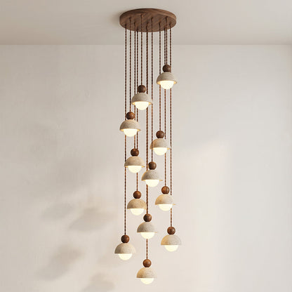 Holz-Pendelleuchte mit Travertin-Kuppel