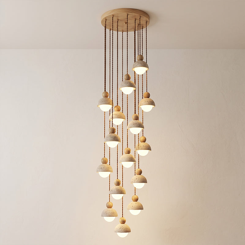 Holz-Pendelleuchte mit Travertin-Kuppel