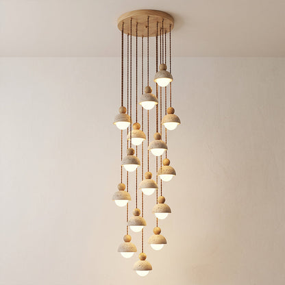 Holz-Pendelleuchte mit Travertin-Kuppel