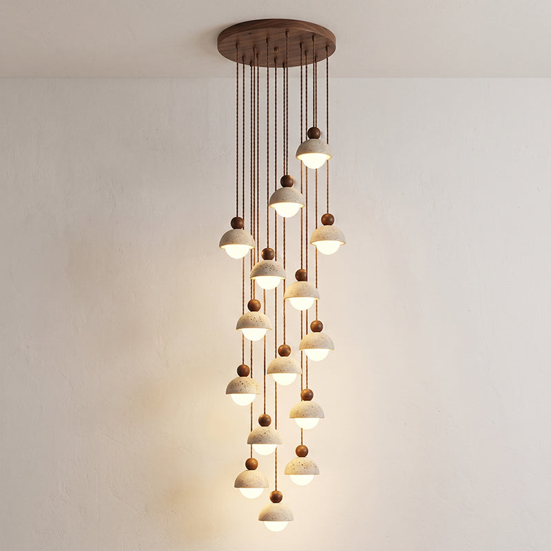 Holz-Pendelleuchte mit Travertin-Kuppel