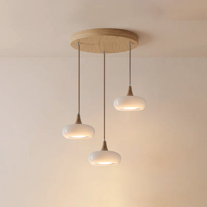 Pendelleuchte aus Kieselglas und Holz
