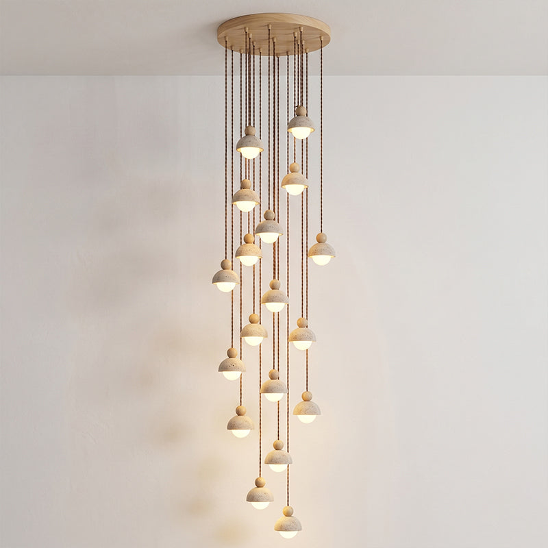 Holz-Pendelleuchte mit Travertin-Kuppel