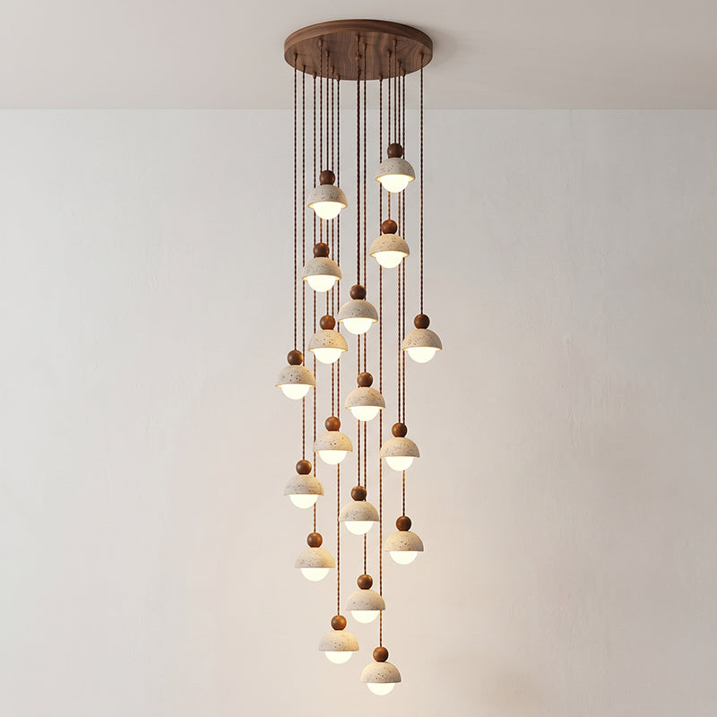 Holz-Pendelleuchte mit Travertin-Kuppel