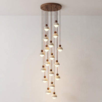 Holz-Pendelleuchte mit Travertin-Kuppel
