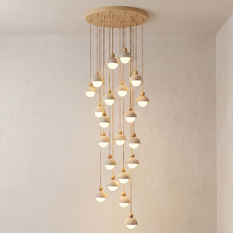 Holz-Pendelleuchte mit Travertin-Kuppel