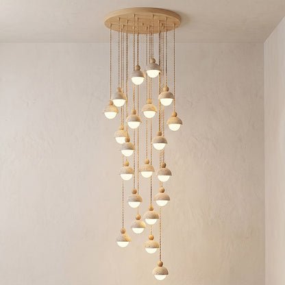 Holz-Pendelleuchte mit Travertin-Kuppel