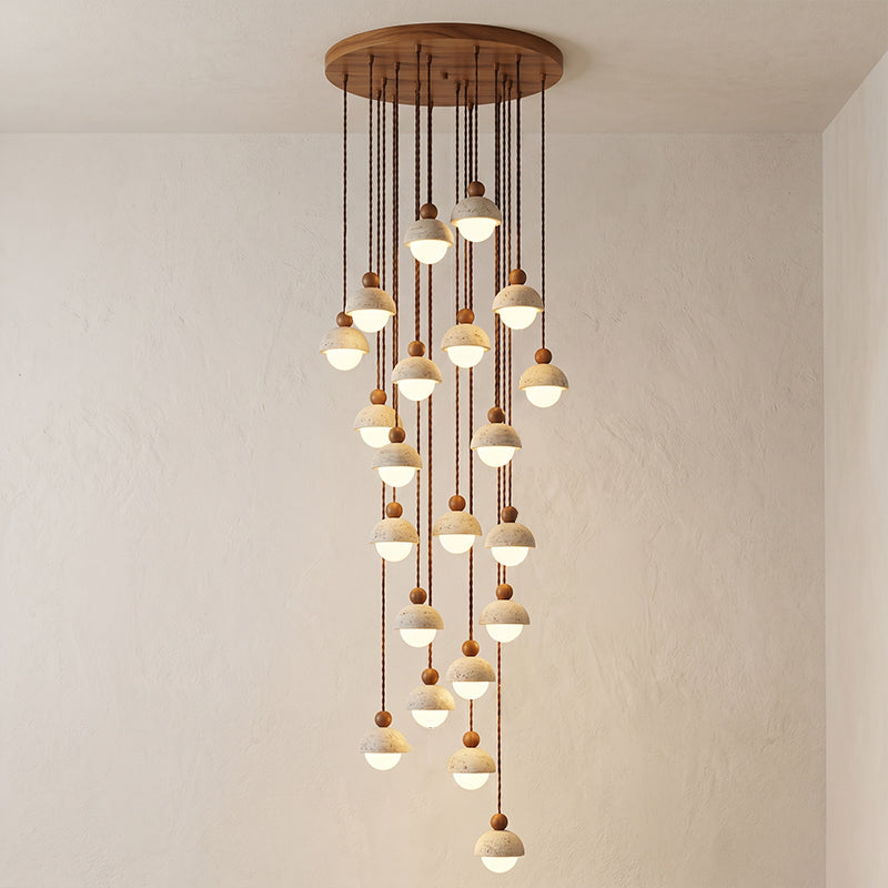Holz-Pendelleuchte mit Travertin-Kuppel