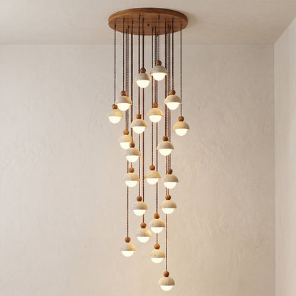 Holz-Pendelleuchte mit Travertin-Kuppel