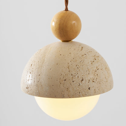 Holz-Pendelleuchte mit Travertin-Kuppel