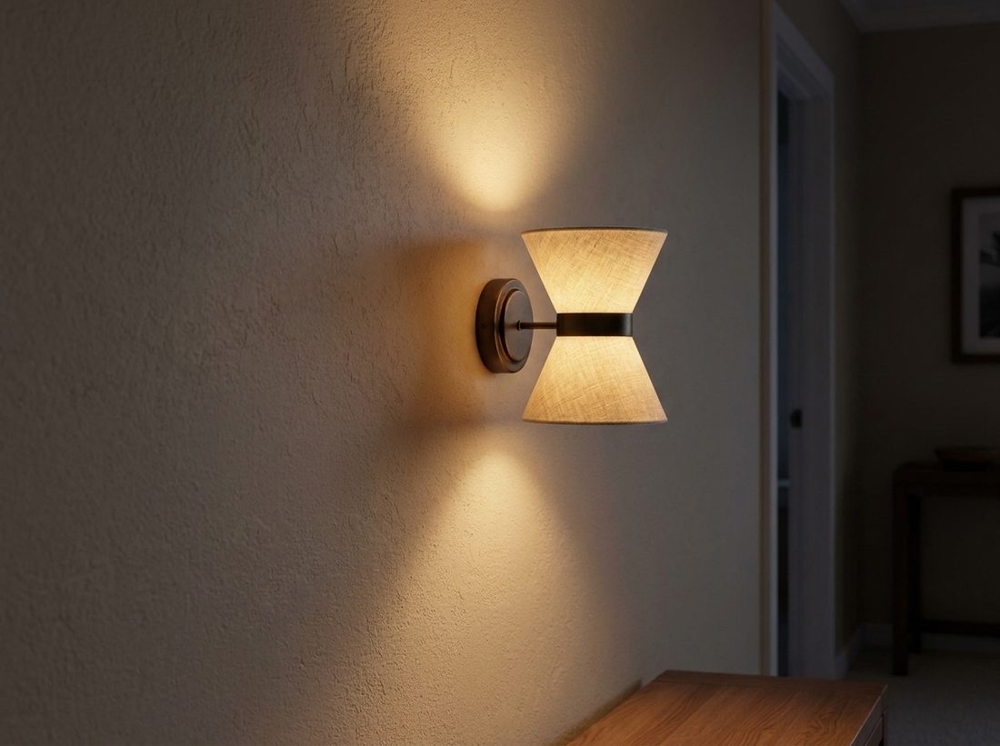 Doppelkegelige Wandleuchte, die eine verputzte Wand erhellt
