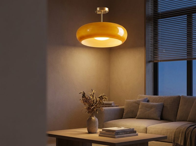 Deckenleuchte aus bernsteinfarbenem Glas im Wohnzimmer